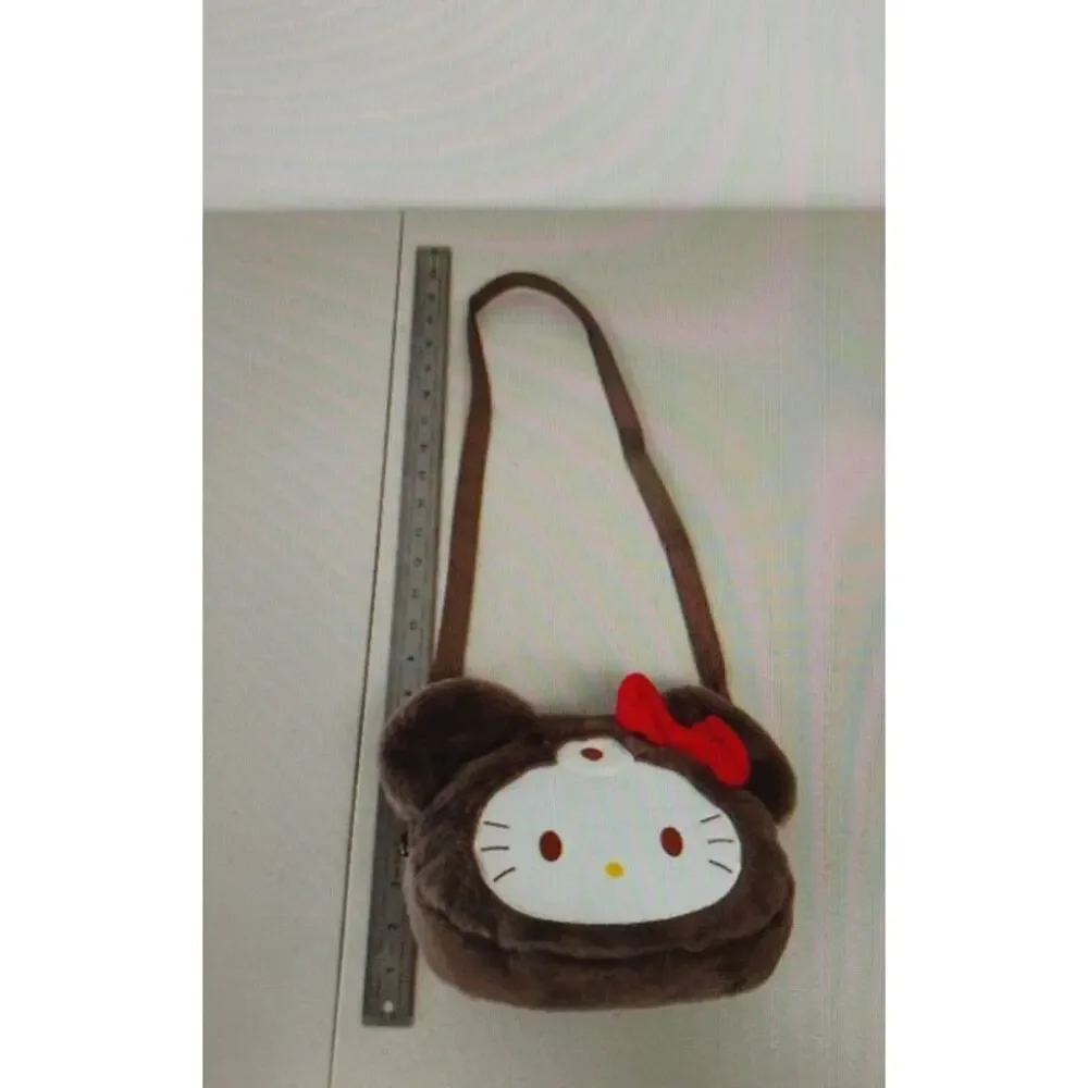Hello Kitty Plush Faux Fur Crossbody Bag – Brown with Red Bow